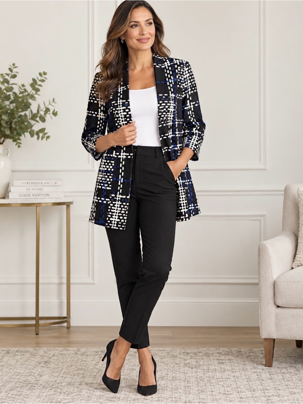 Kasper Black Plaid Open-Front Jacket with White and Blue Check